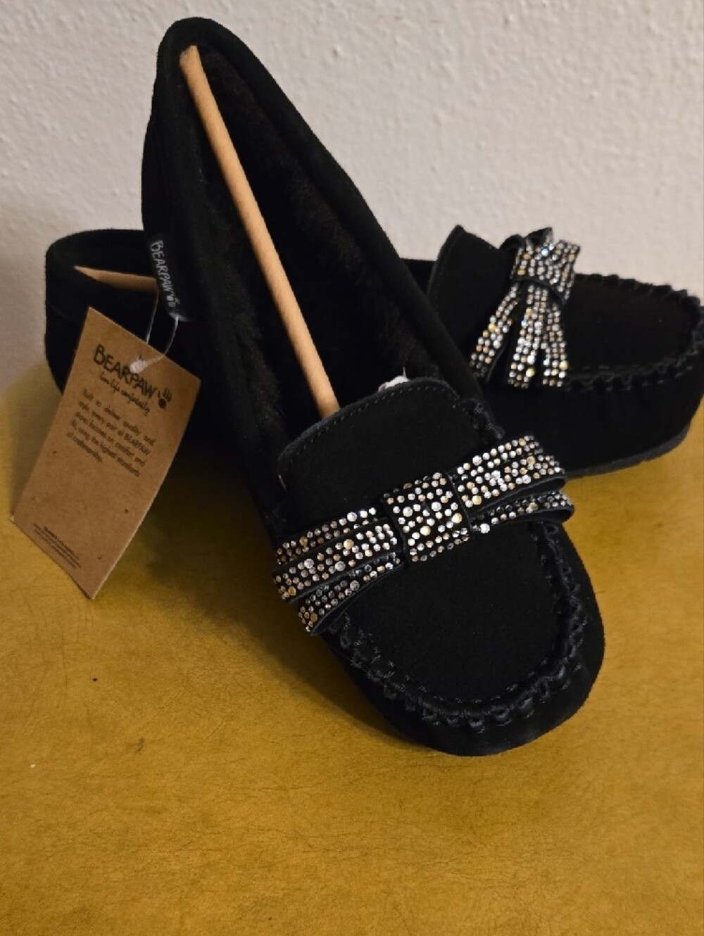 BearPaw Black Moccasin Loafers with Rhinestone Bow